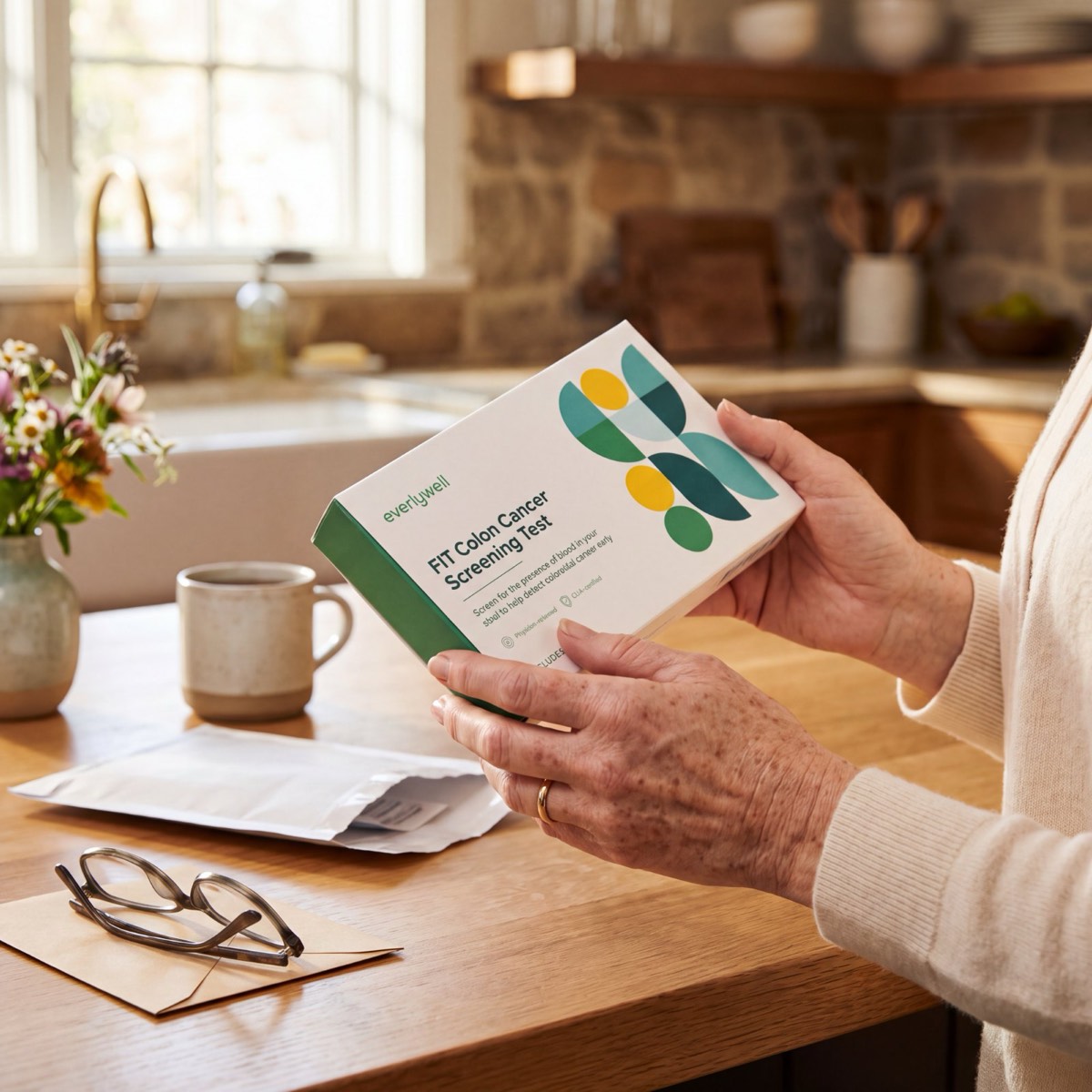The FIT Colon Cancer Screening Test kit in hand at home